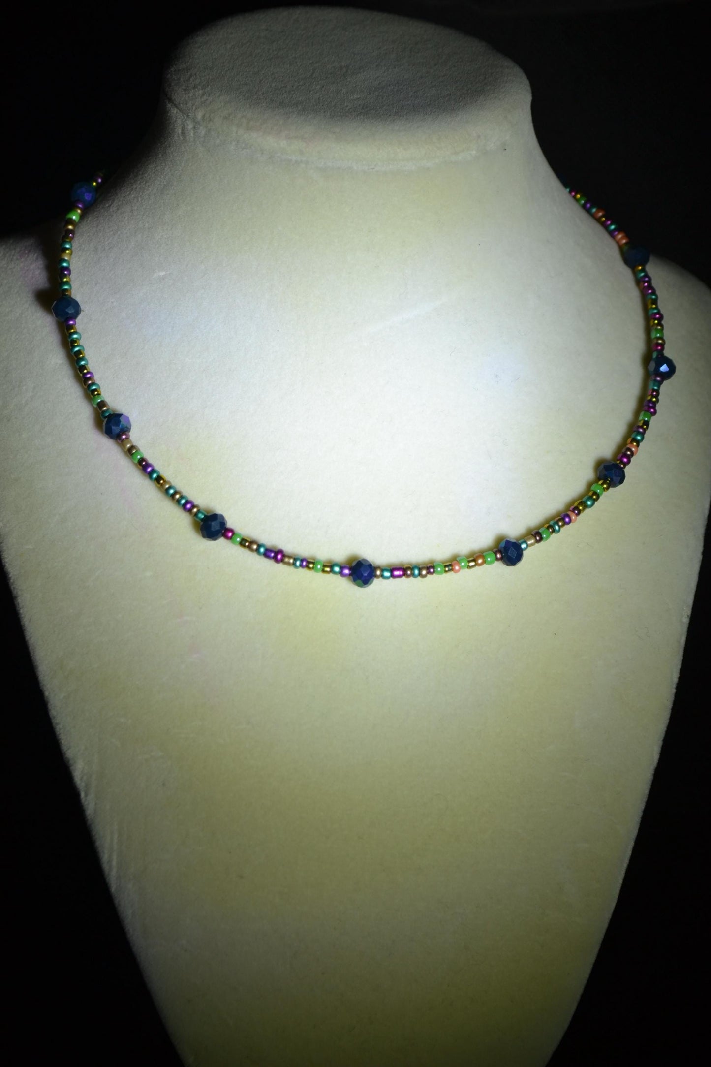 Multicolor glass bead necklace. Rainbow and metallic black