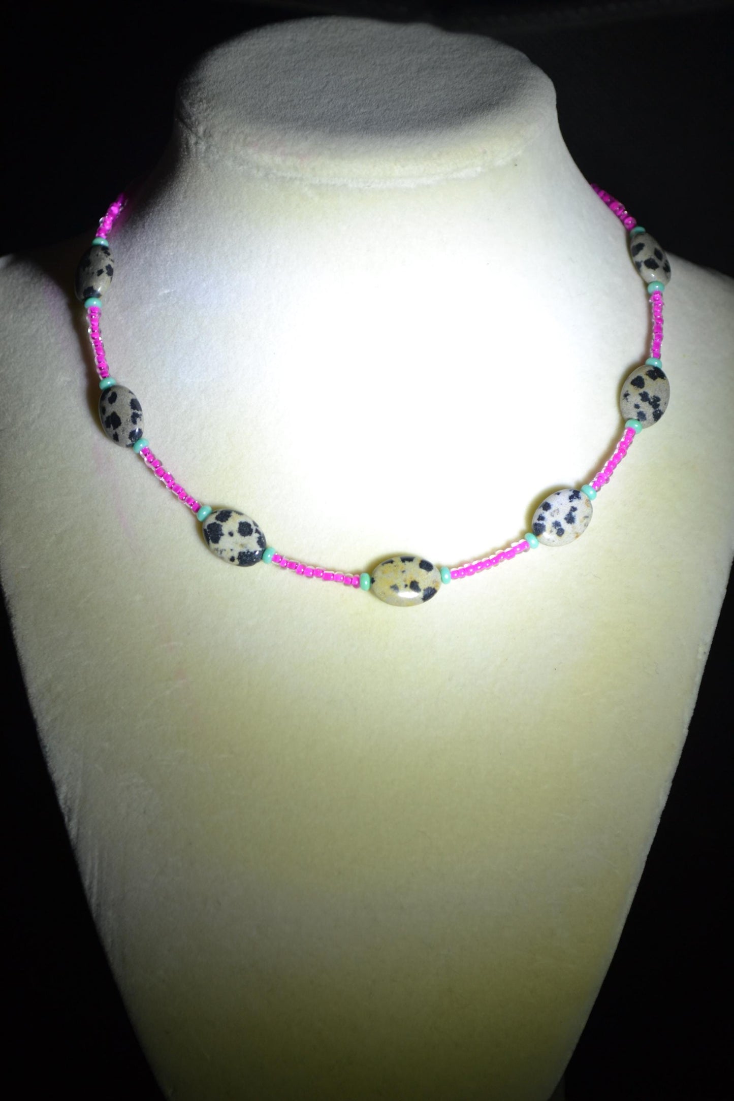 Multicolor glass bead choker. Dalmatian, turquoise, and hot pink