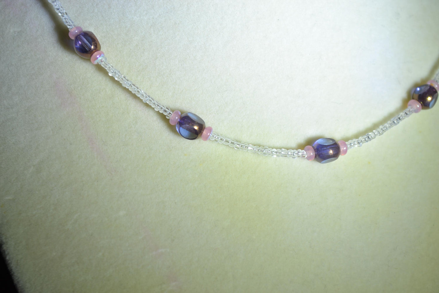 Multicolor glass bead choker. Amethyst, rose, and crystal
