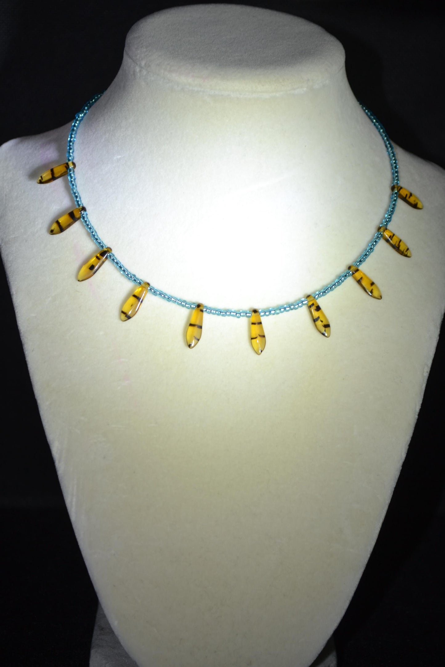 Multicolor glass bead necklace. Tortoise and teal