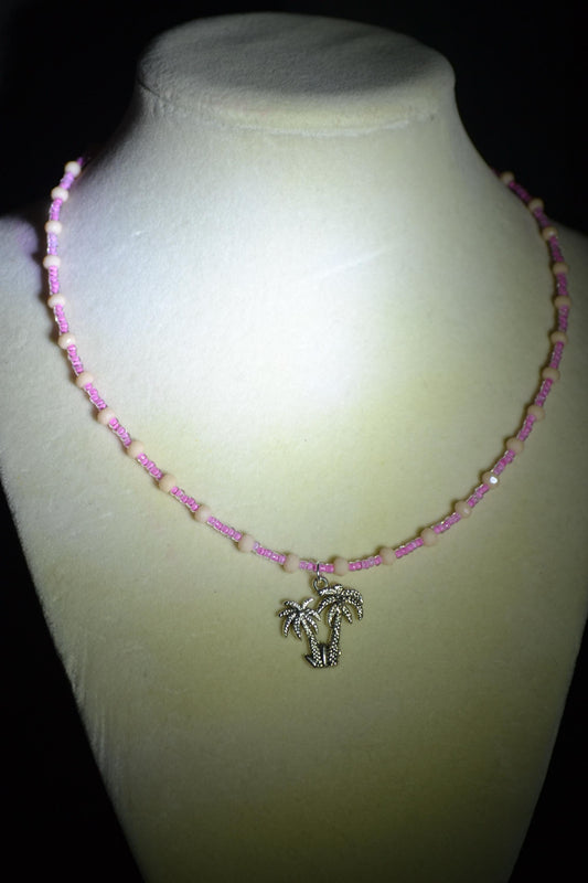 Palm Trees pendant glass bead necklace. Pink and cream
