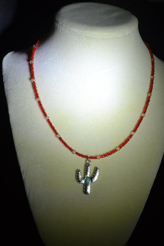 Turquoise Cactus pendant glass bead necklace. Red and rose