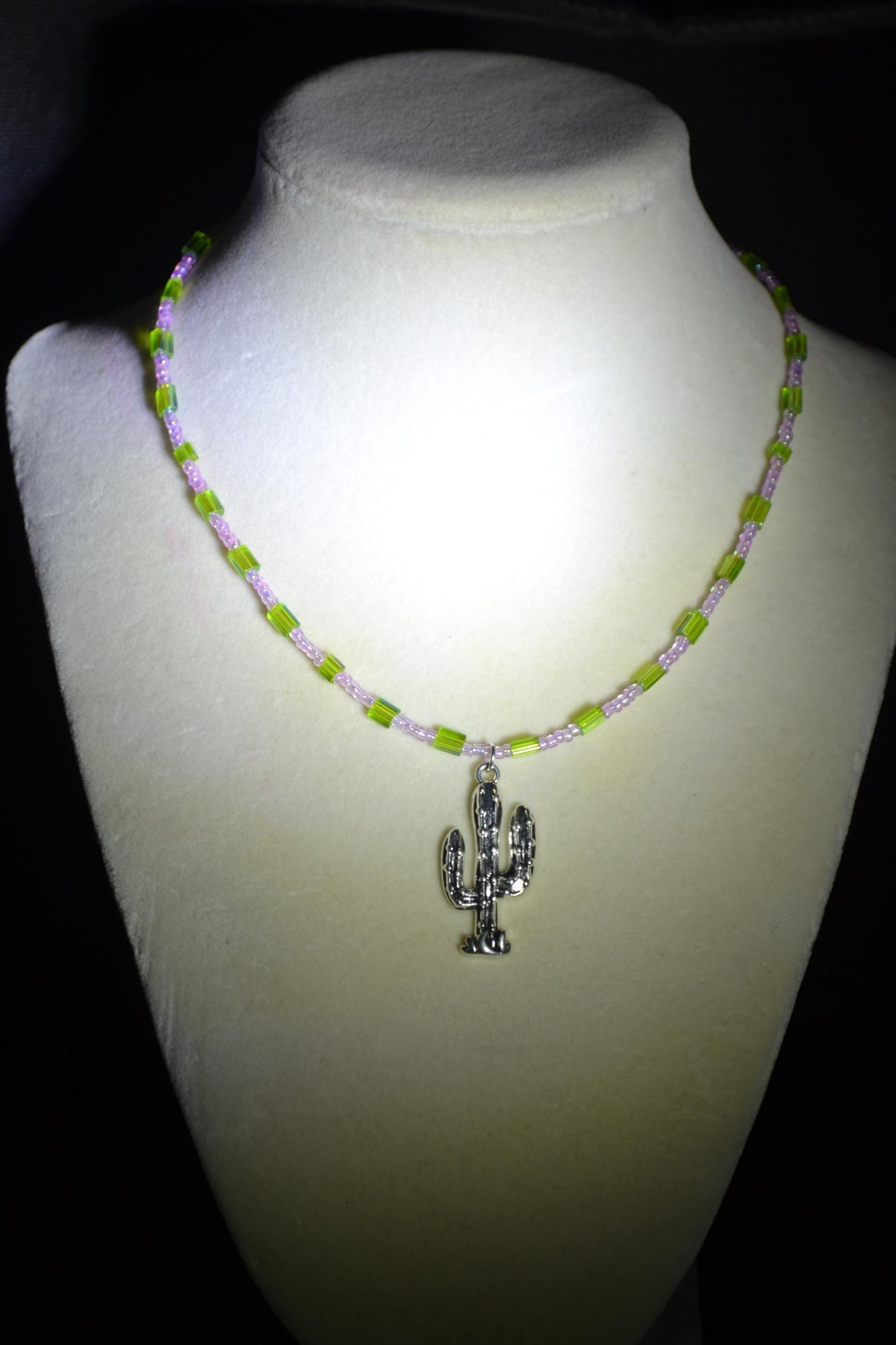 Cactus pendant glass bead necklace. Pink and green