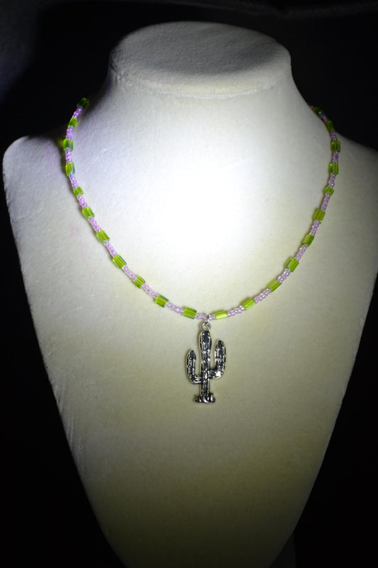 Cactus pendant glass bead necklace. Pink and green