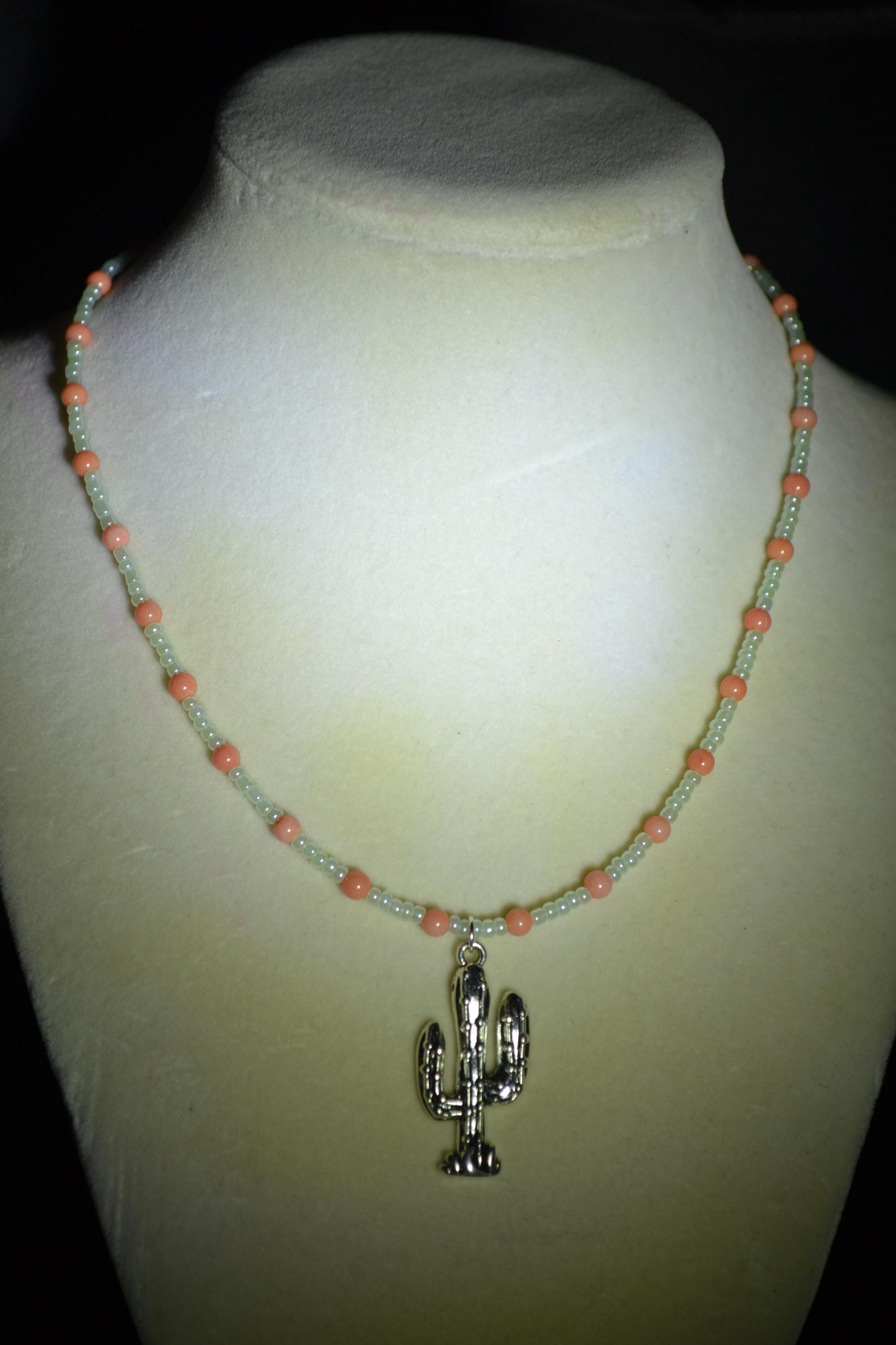 Cactus pendant glass bead necklace. Pearl green and peach