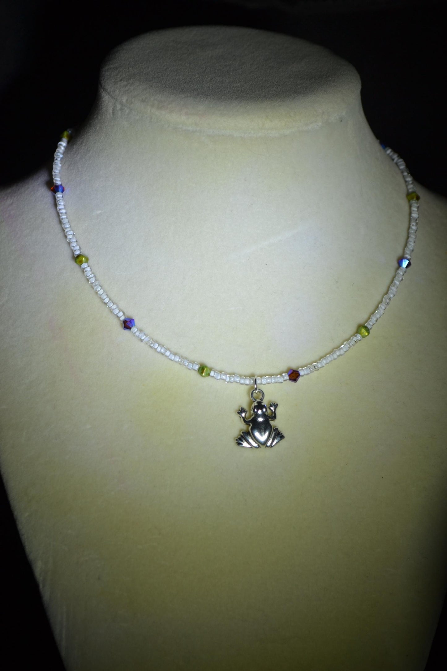 Frog pendant glass bead choker. White, green, and purple