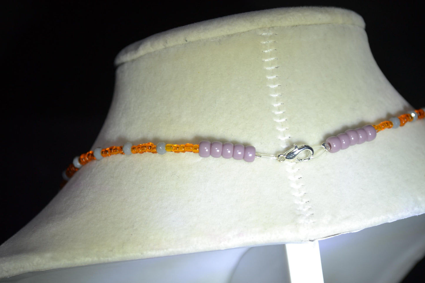 Hammered Cactus pendant glass bead necklace. Orange and grey