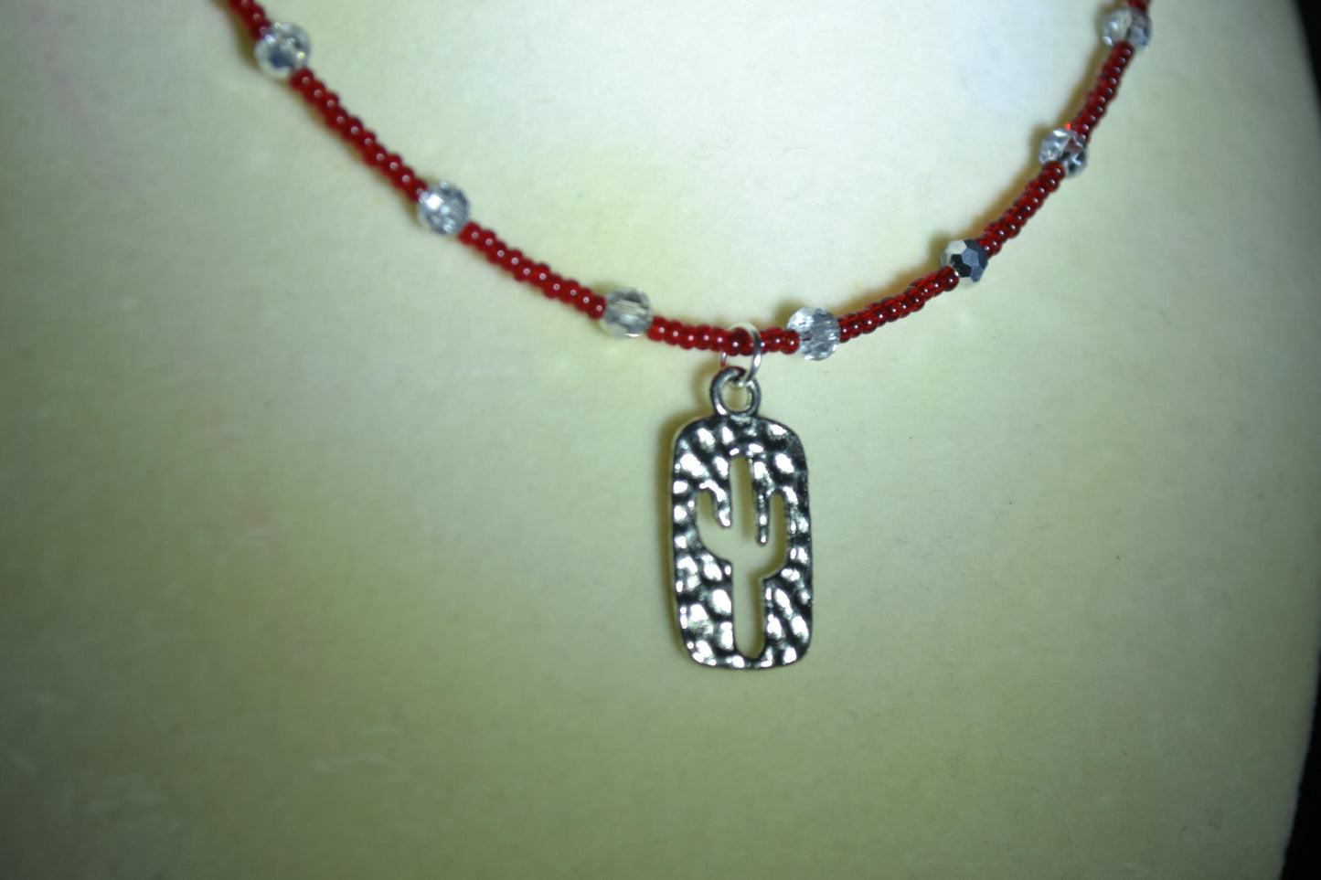 Hammered Cactus pendant glass bead choker. Red and silver