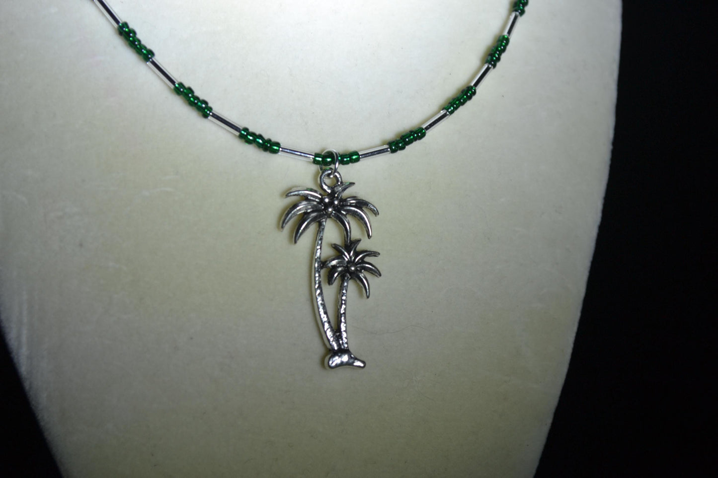 Palm Trees pendant glass bead necklace. Pine green and silver