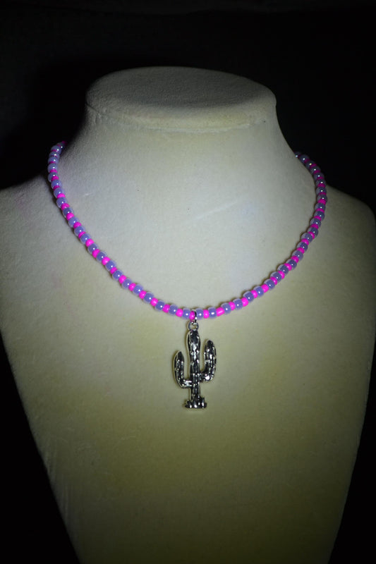 Cactus pendant glass bead choker. Hot pink and purple