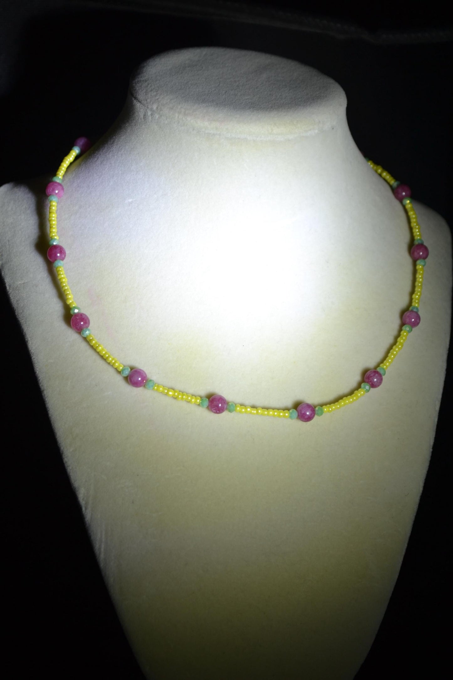 Multicolor glass bead necklace. Raspberry, yellow, and jade