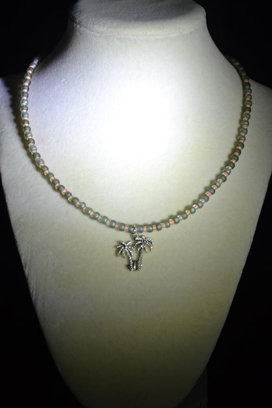 Palm trees pendant glass bead necklace. Coral and matte green