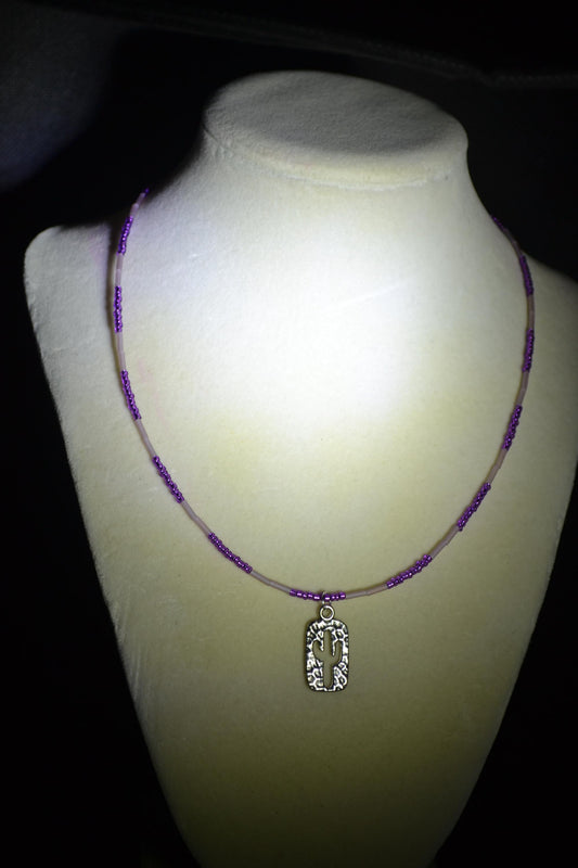 Hammered cactus pendant glass bead necklace. Purples