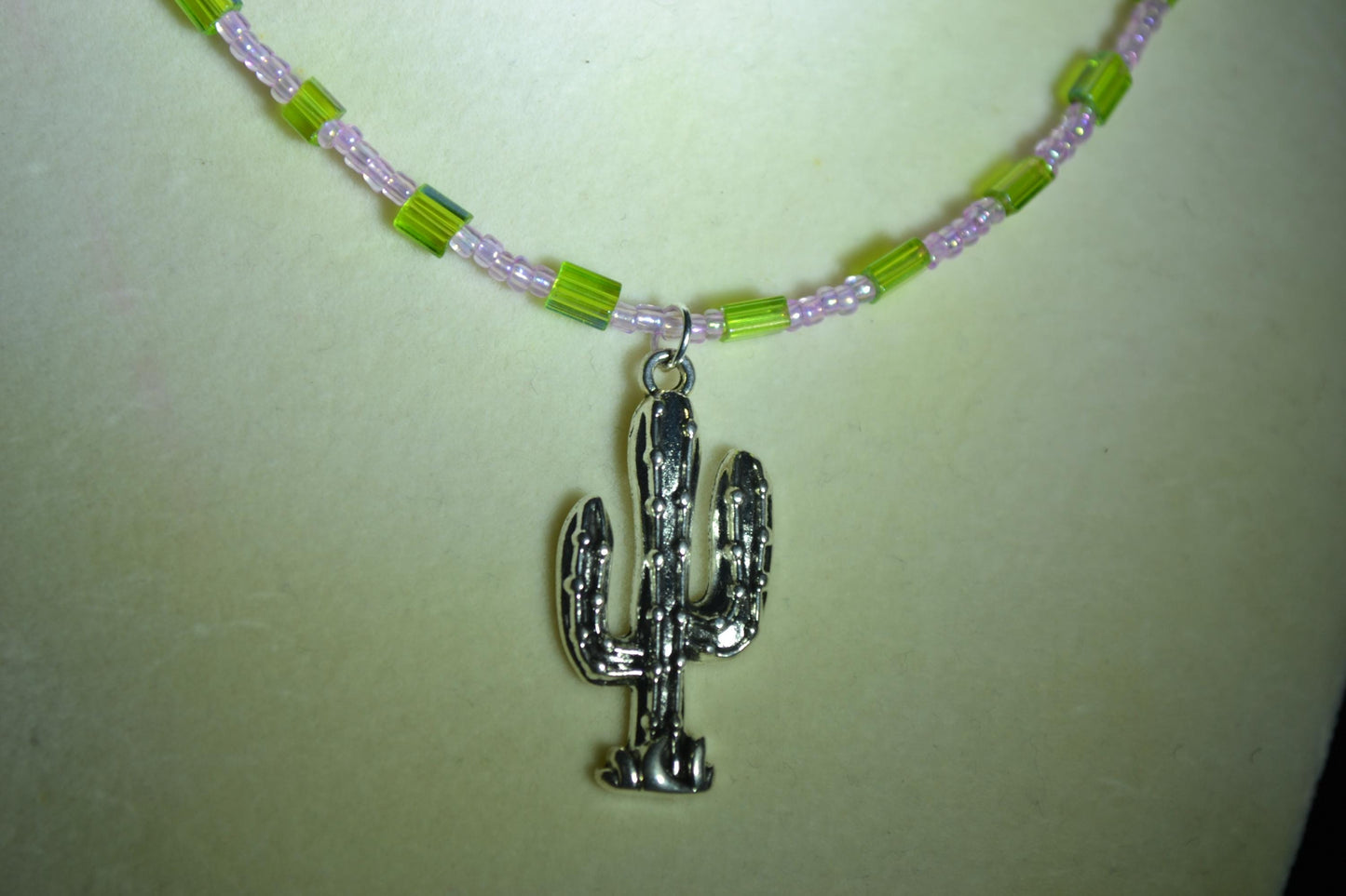 Cactus pendant glass bead necklace. Pink and green