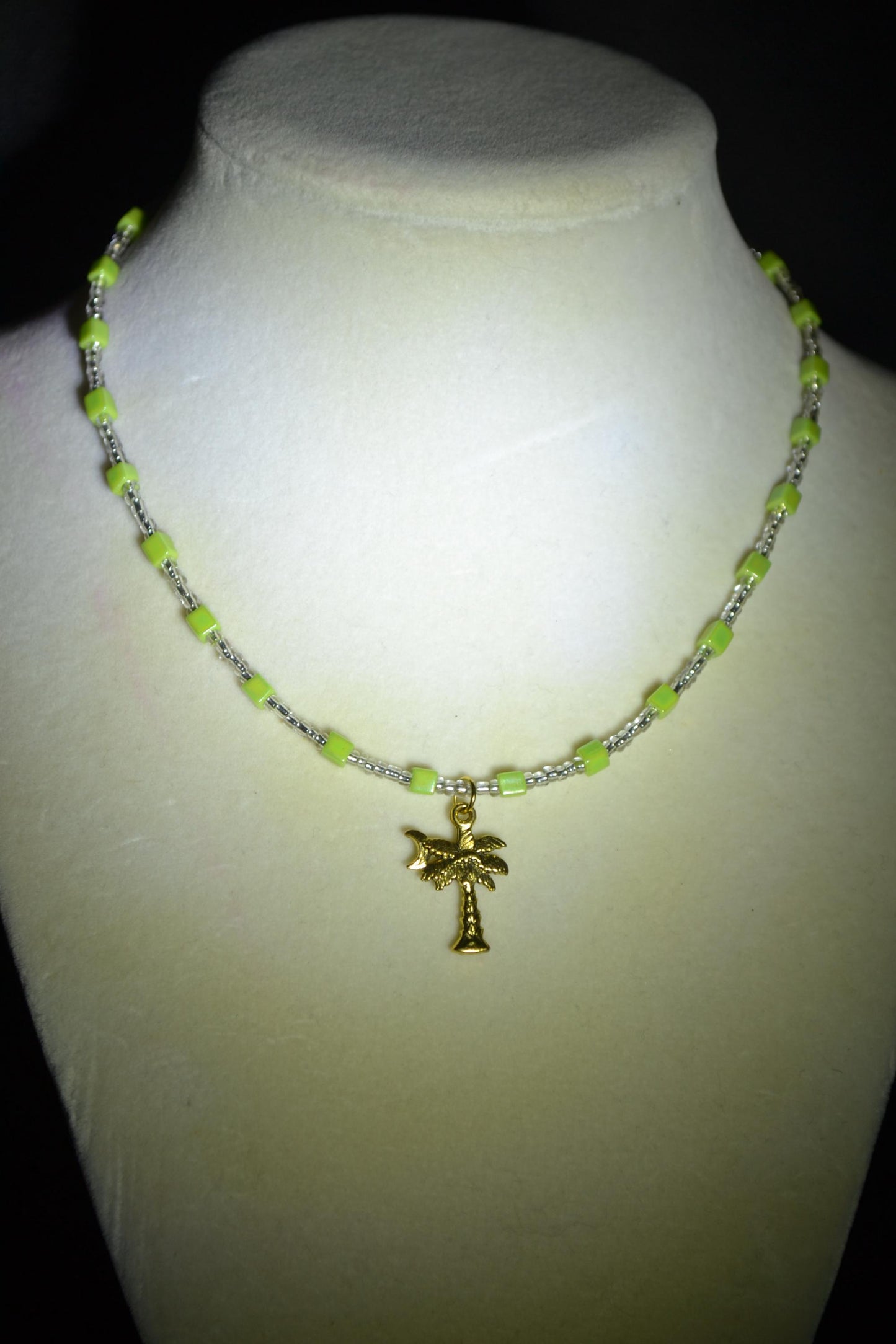 Palm with Moon pendant glass bead necklace. Green and silver
