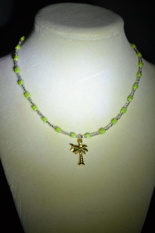 Palm with Moon pendant glass bead necklace. Green and silver