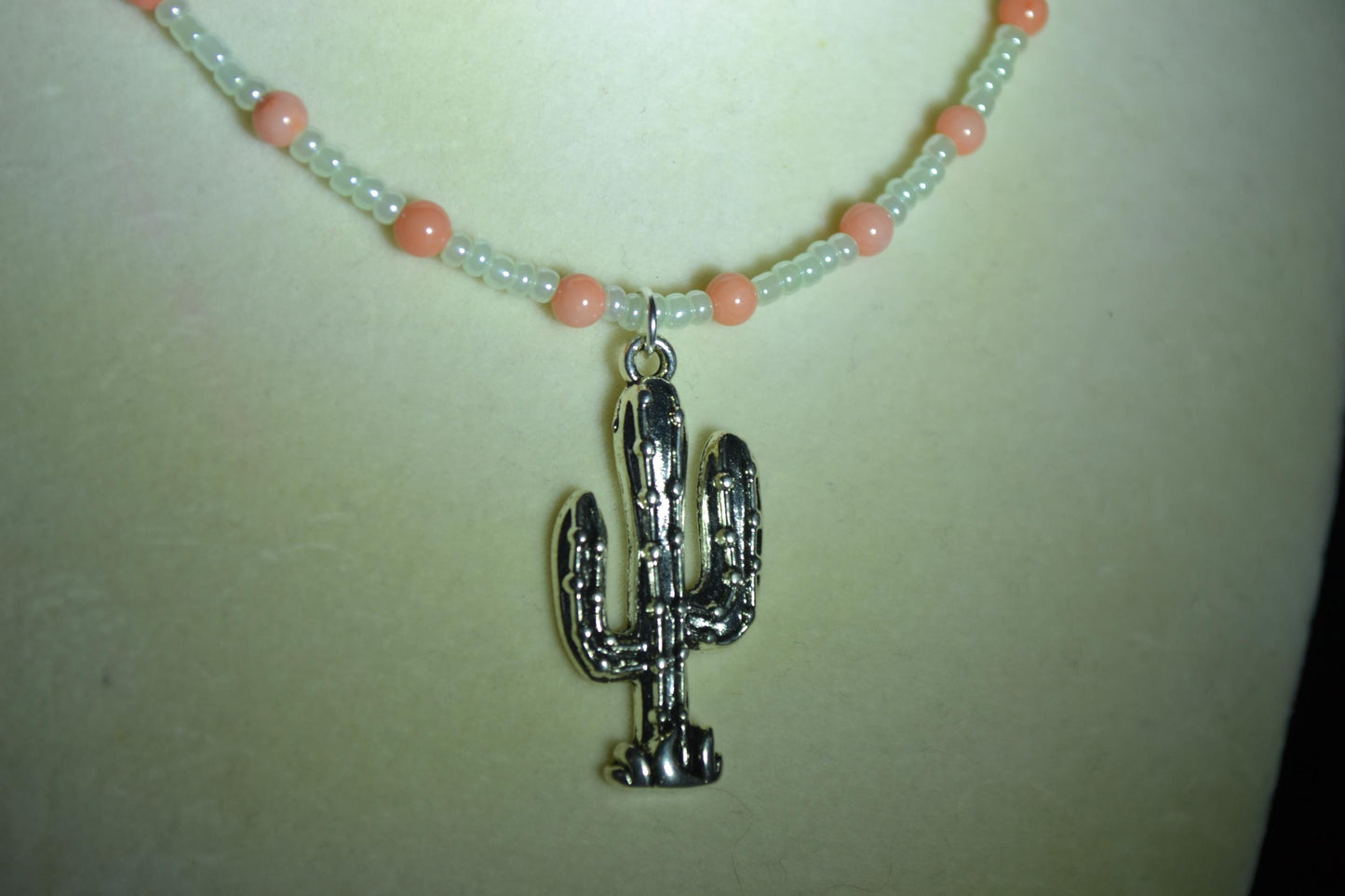 Cactus pendant glass bead necklace. Pearl green and peach