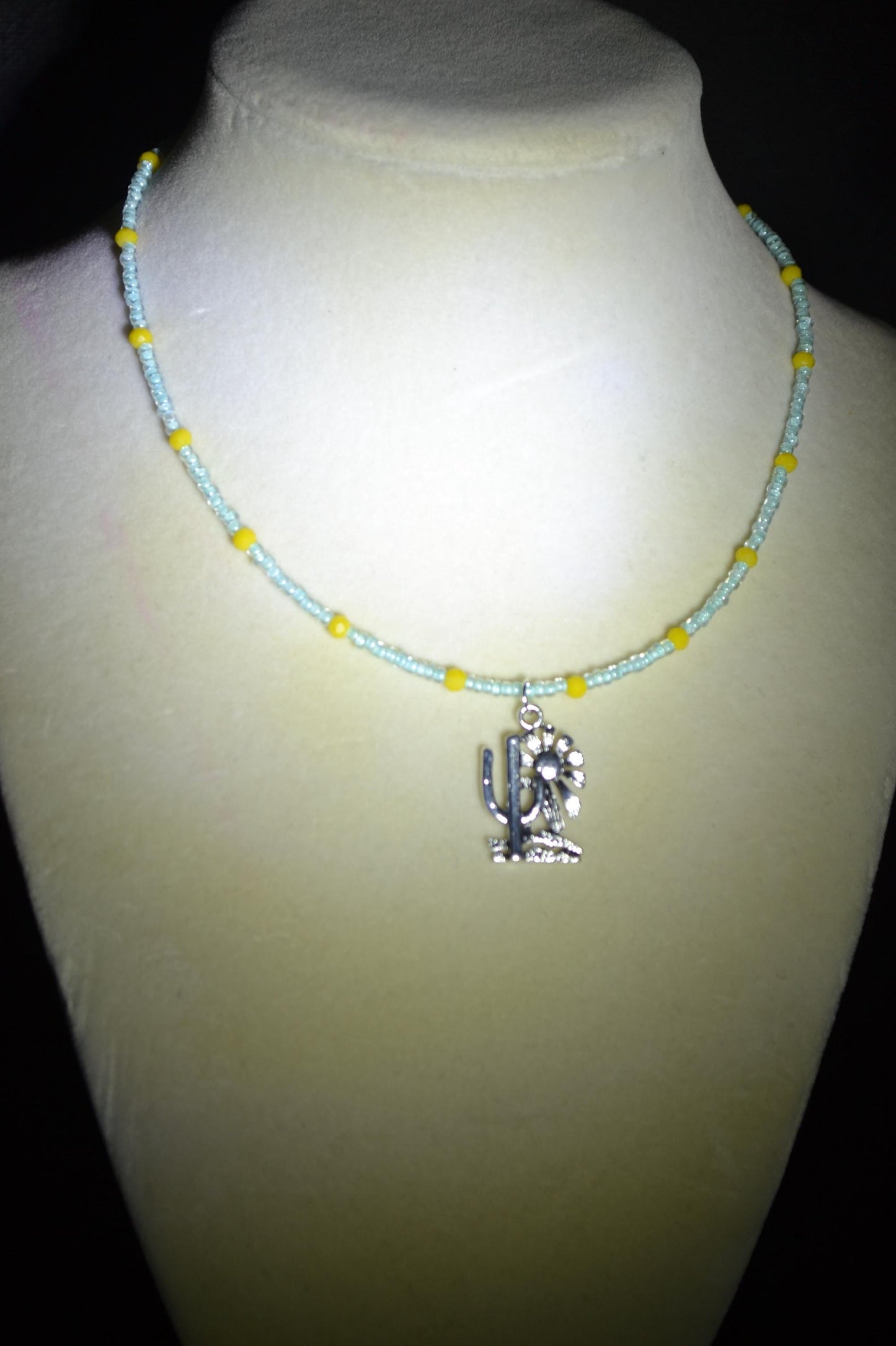 Cactus with Sun pendant glass bead choker. Blue and yellow