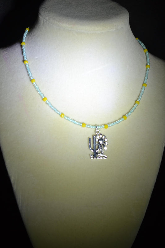 Cactus with Sun pendant glass bead choker. Blue and yellow
