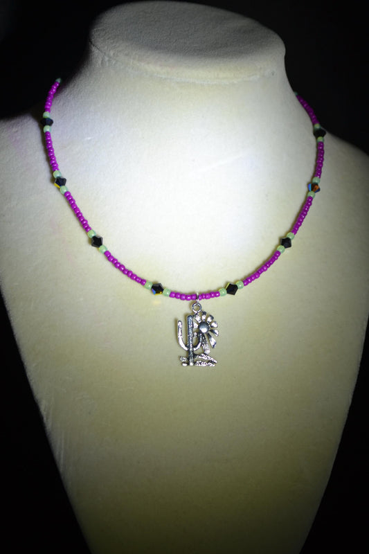 Cactus with Sun pendant glass bead choker. Berry, jadeite, and Swarovski crystal