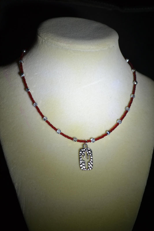 Hammered Cactus pendant glass bead choker. Red and silver