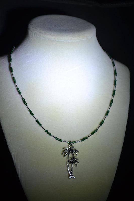 Palm Trees pendant glass bead necklace. Pine green and silver