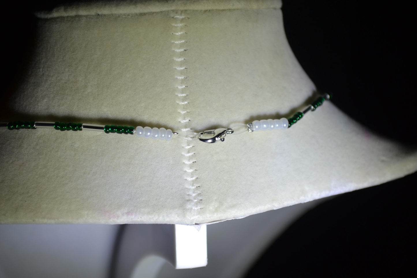 Palm Trees pendant glass bead necklace. Pine green and silver