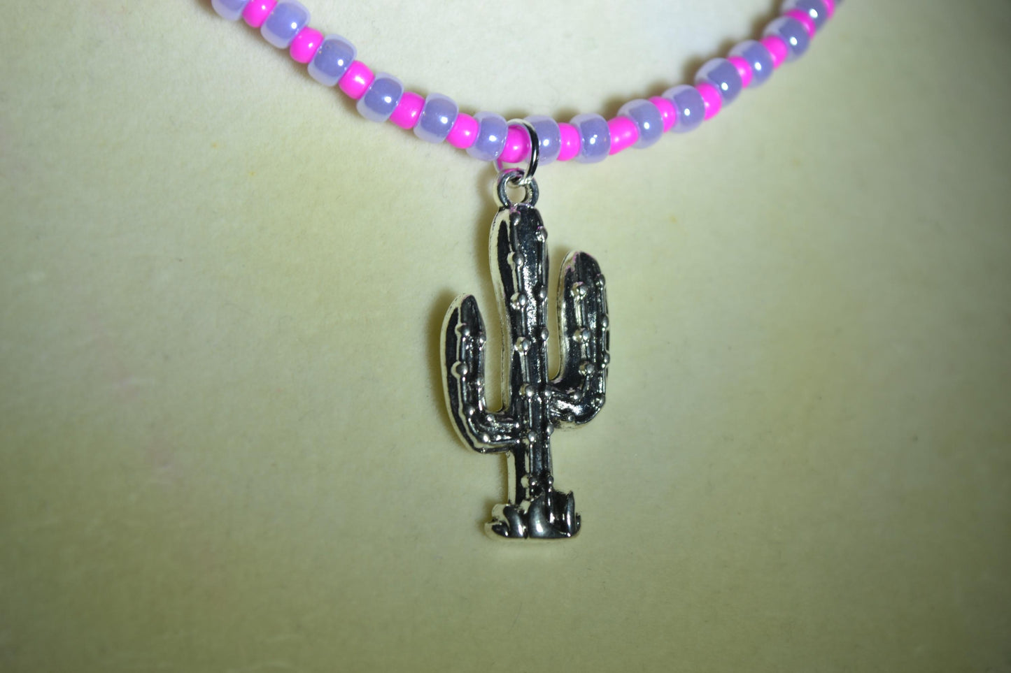 Cactus pendant glass bead choker. Hot pink and purple
