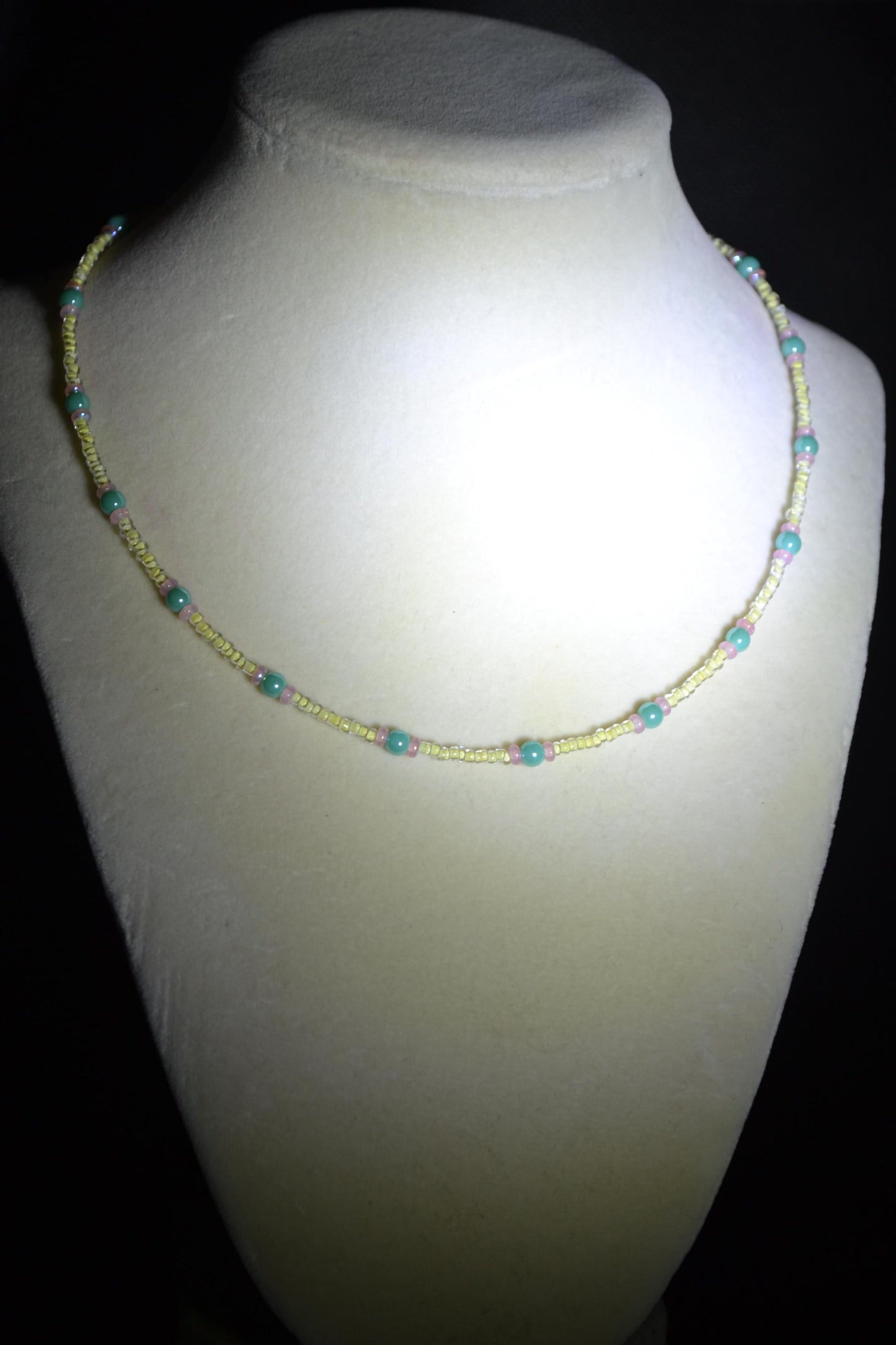 Multicolor glass bead necklace. Turquoise, yellow, and pink
