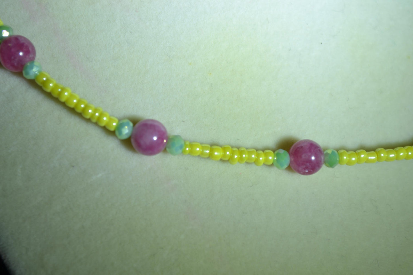 Multicolor glass bead necklace. Raspberry, yellow, and jade