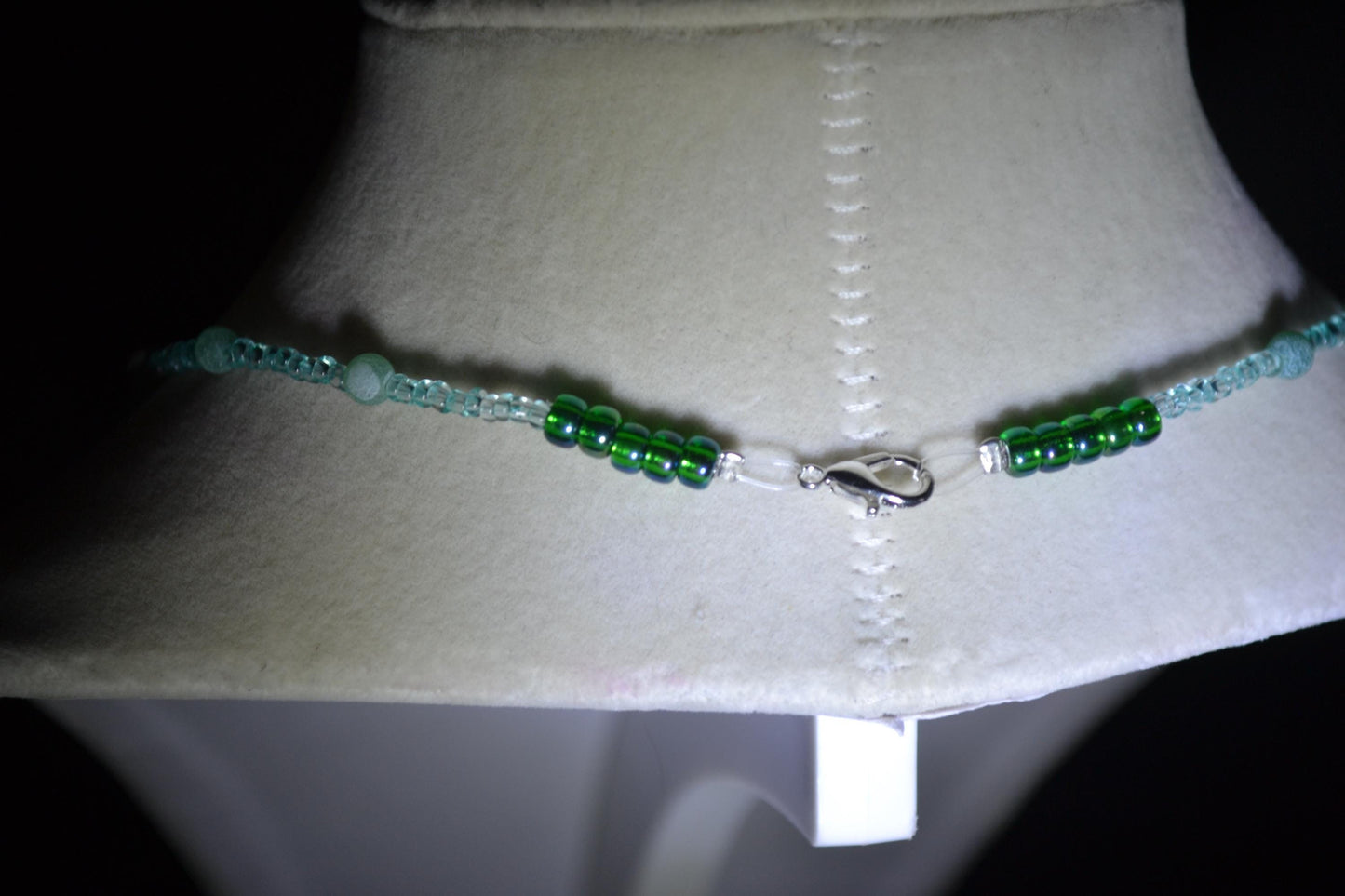 Frog pendant glass bead necklace. Blue and greens