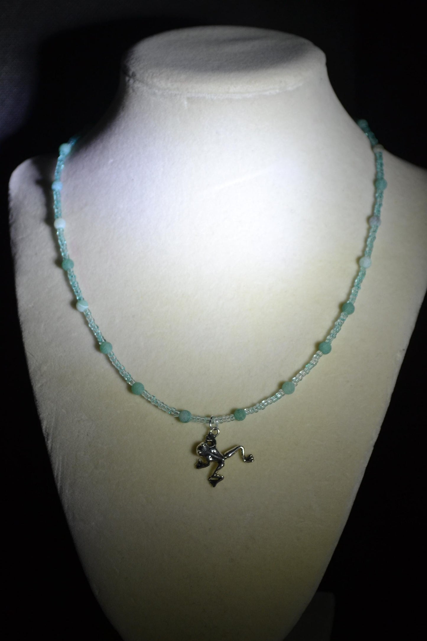 Frog pendant glass bead necklace. Blue and greens