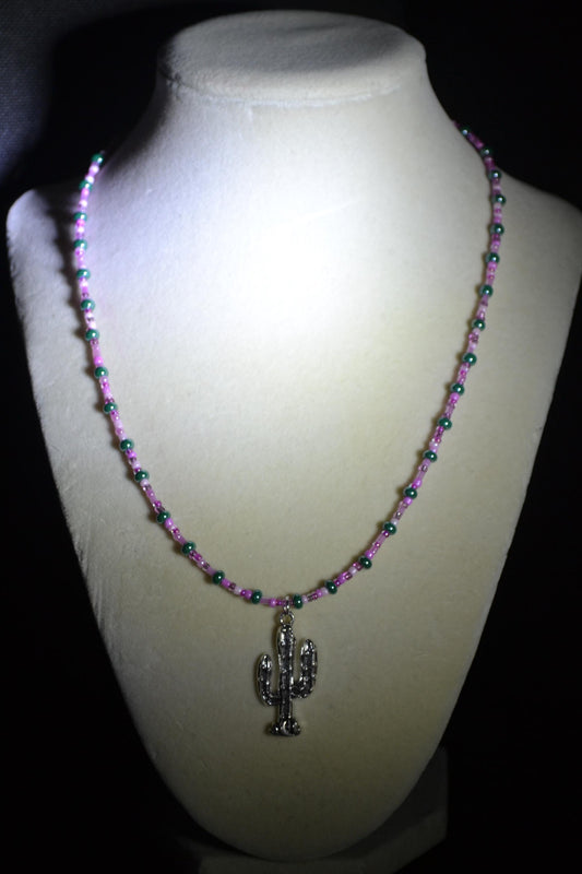 Cactus pendant glass bead necklace. Pinks and turquoise