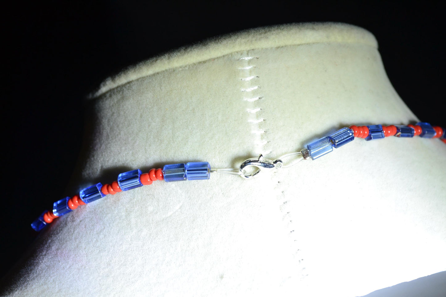 Cactus pendant glass bead necklace. Blue and red