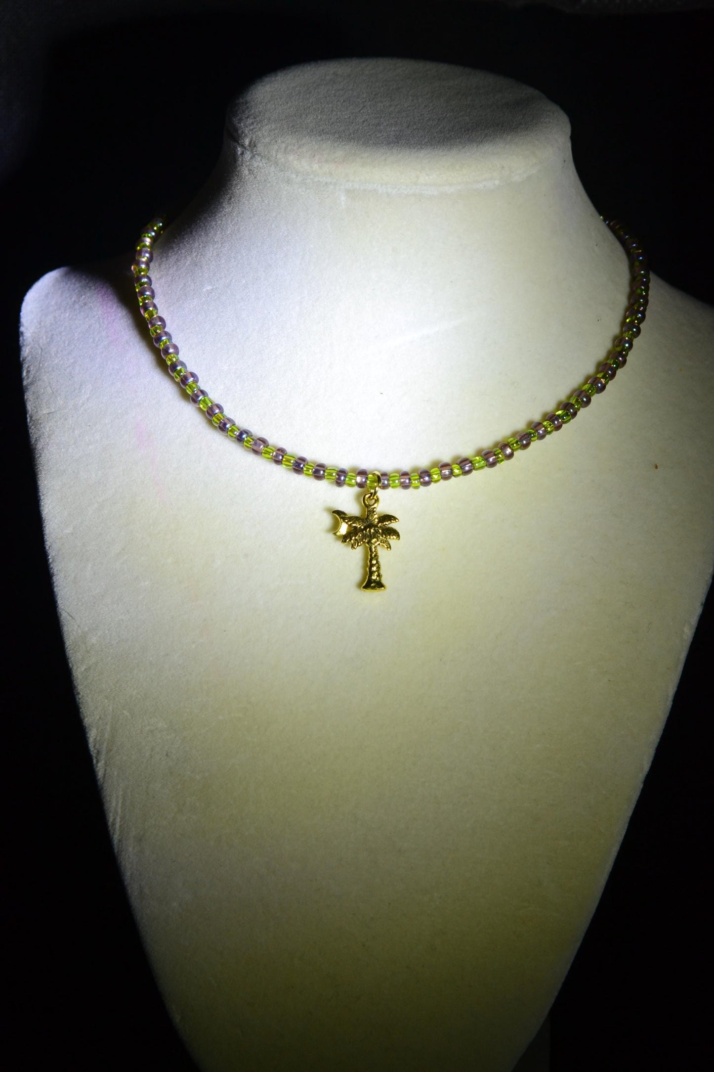 Palm Tree pendant glass bead choker. Amethyst and green