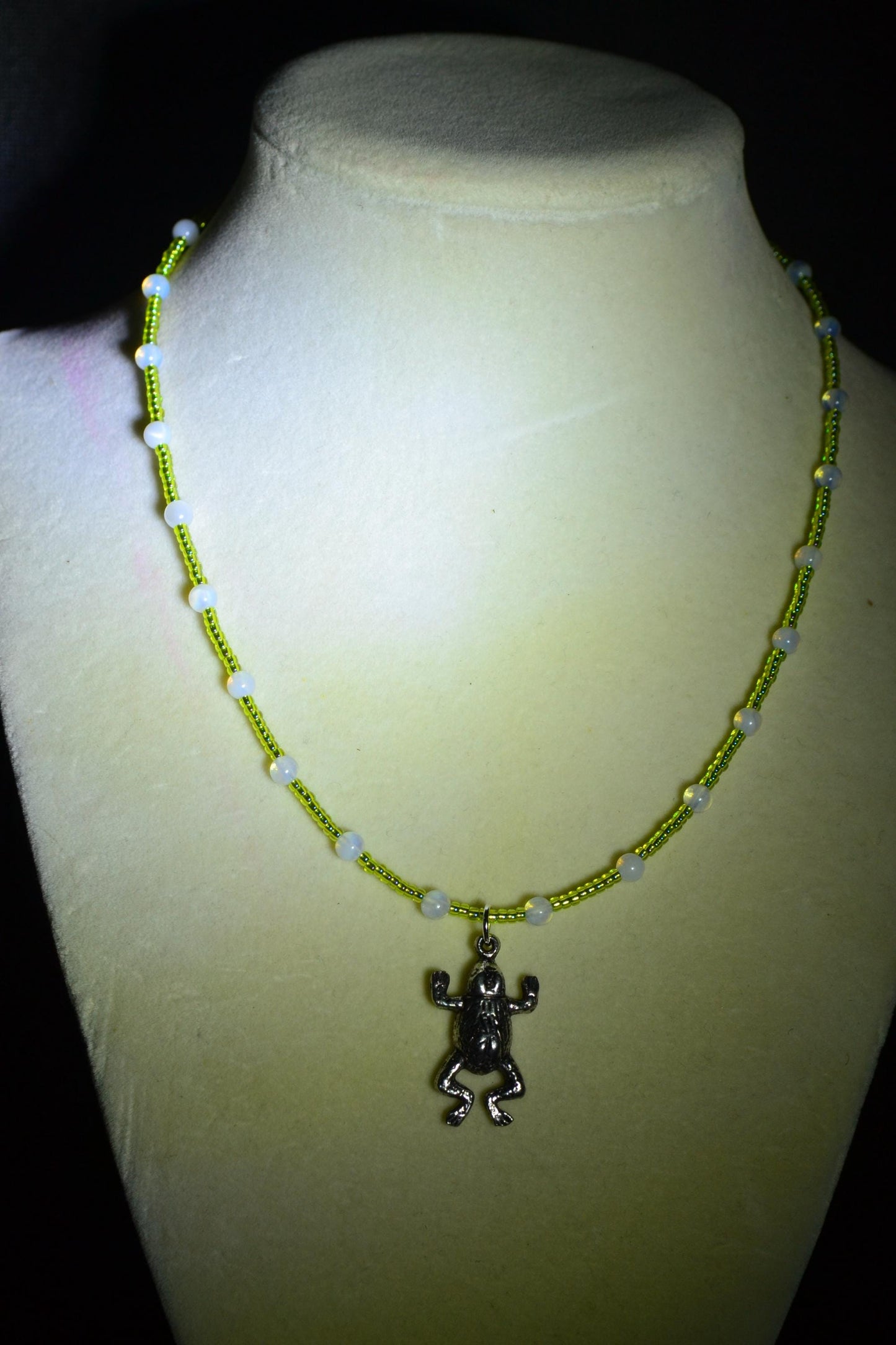 Frog pendant glass bead necklace. Green and moonstone