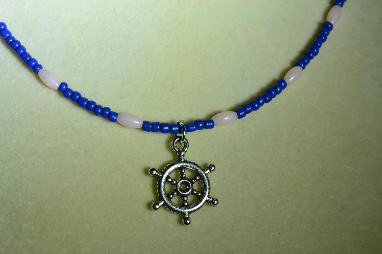 Nautical pendant glass bead necklace. Navy and pink