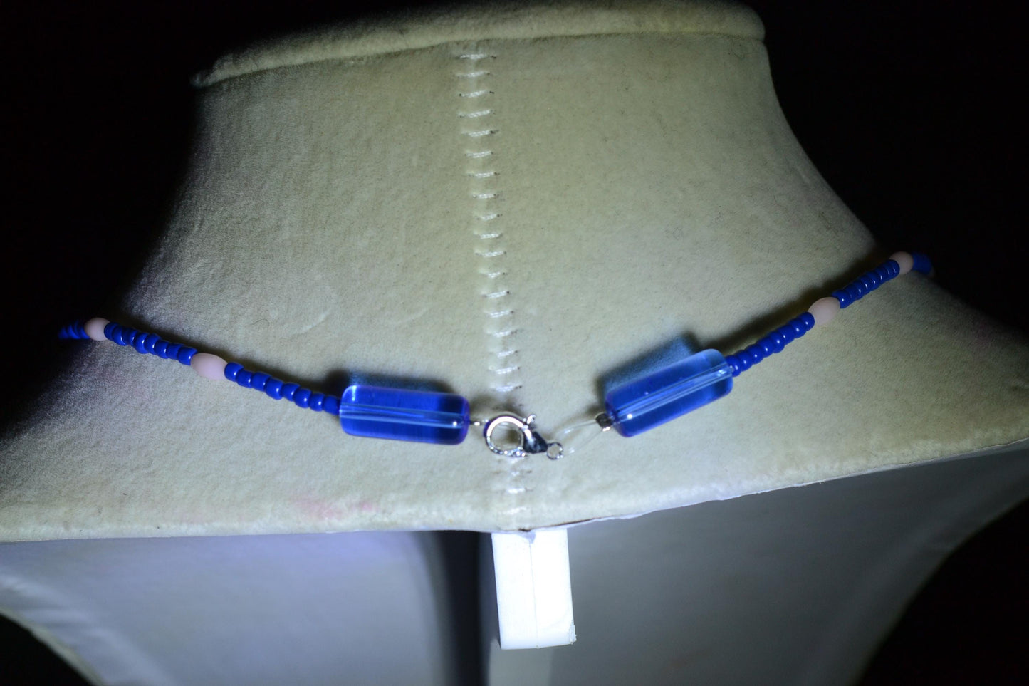 Nautical pendant glass bead necklace. Navy and pink