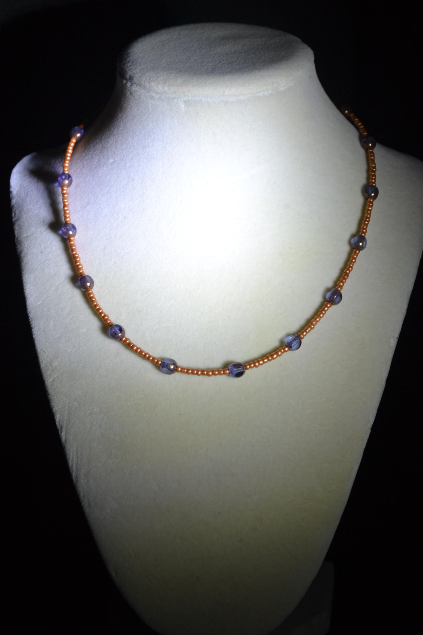 Multicolor glass bead necklace. Burnt orange and amethyst