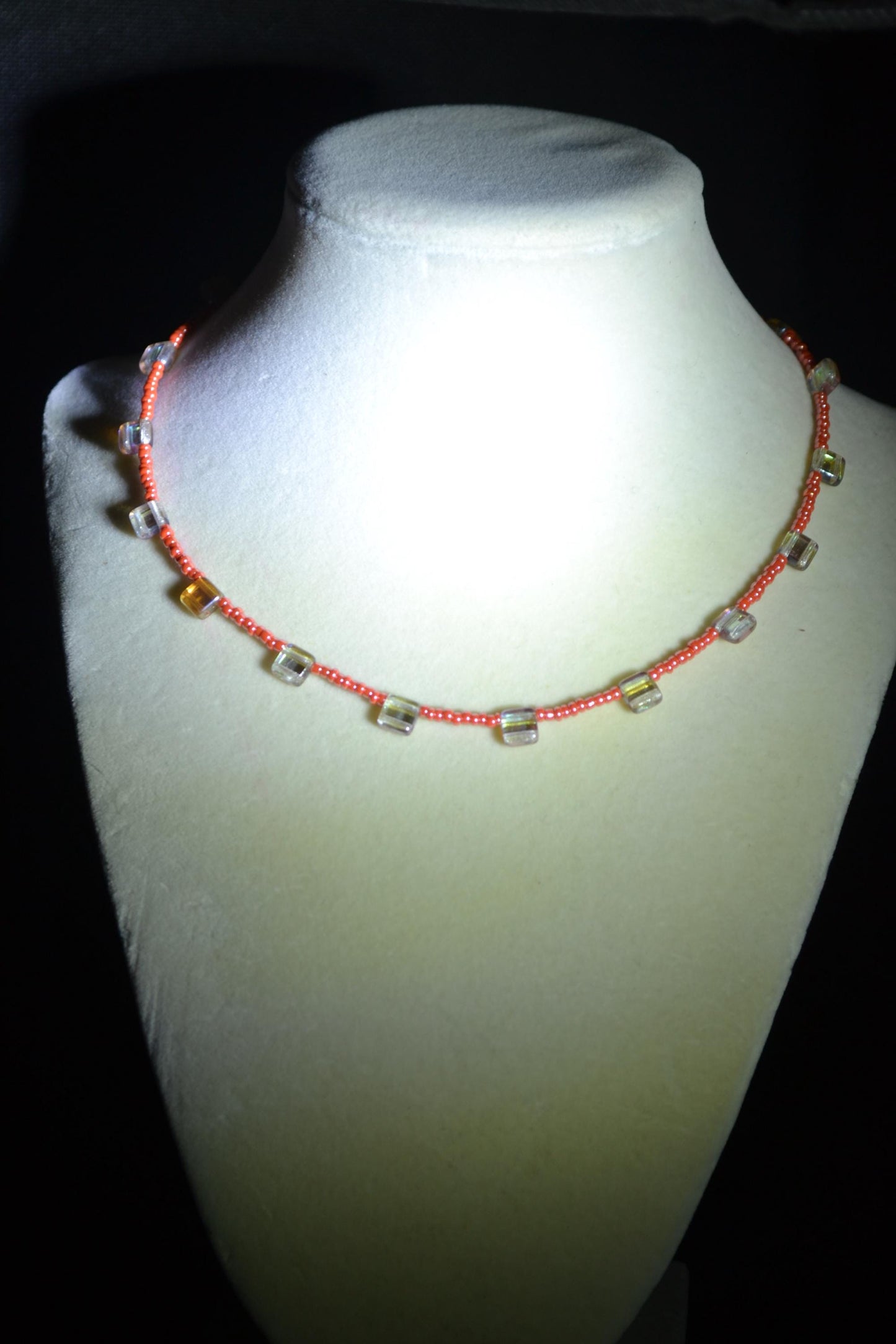 Multicolor glass bead necklace. Reversible. Orange and amber