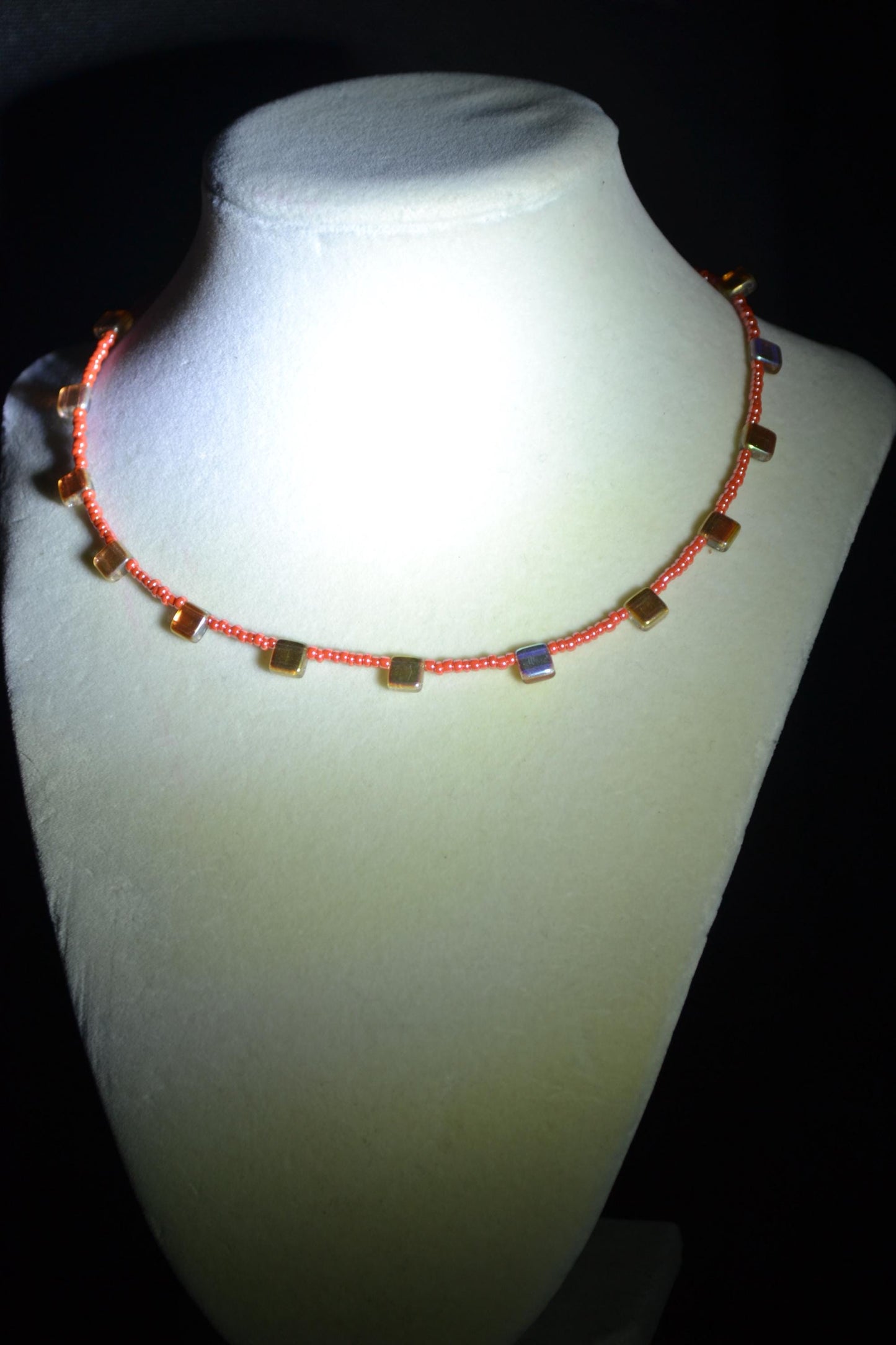 Multicolor glass bead necklace. Reversible. Orange and amber