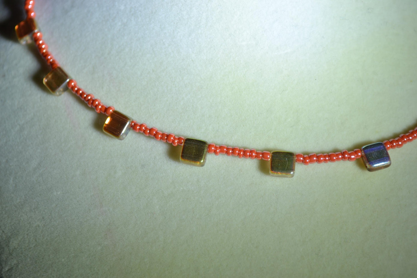 Multicolor glass bead necklace. Reversible. Orange and amber