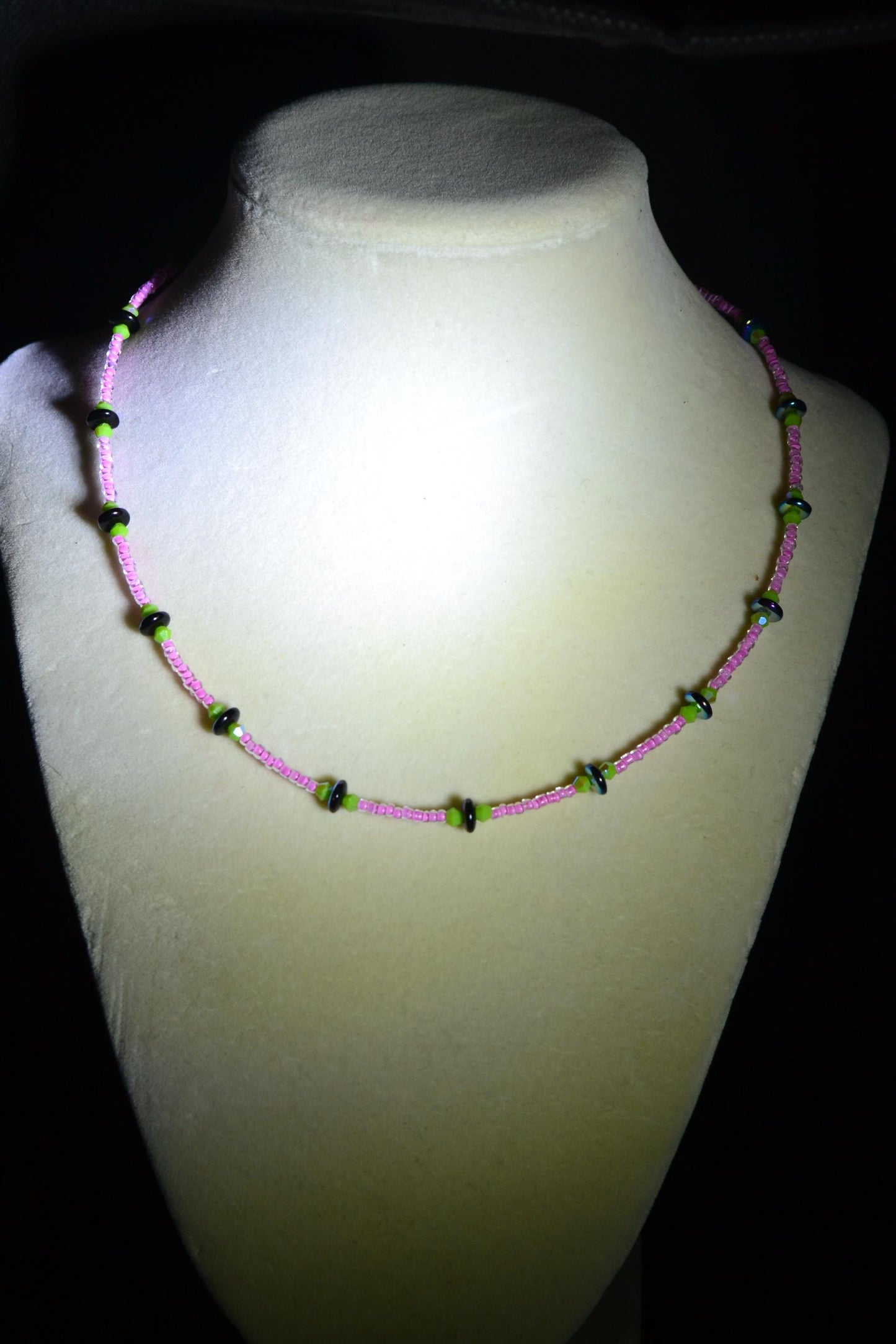 Multicolor glass bead necklace. Bubblegum, lime, and metallic black