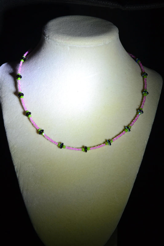 Multicolor glass bead necklace. Bubblegum, lime, and metallic black