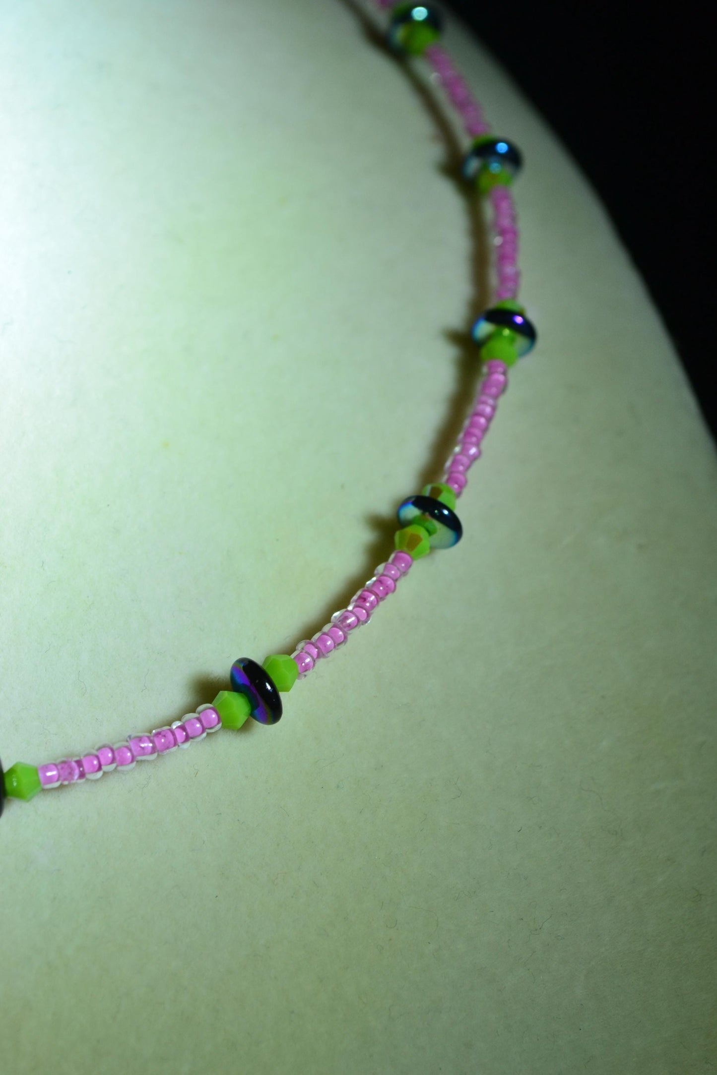 Multicolor glass bead necklace. Bubblegum, lime, and metallic black
