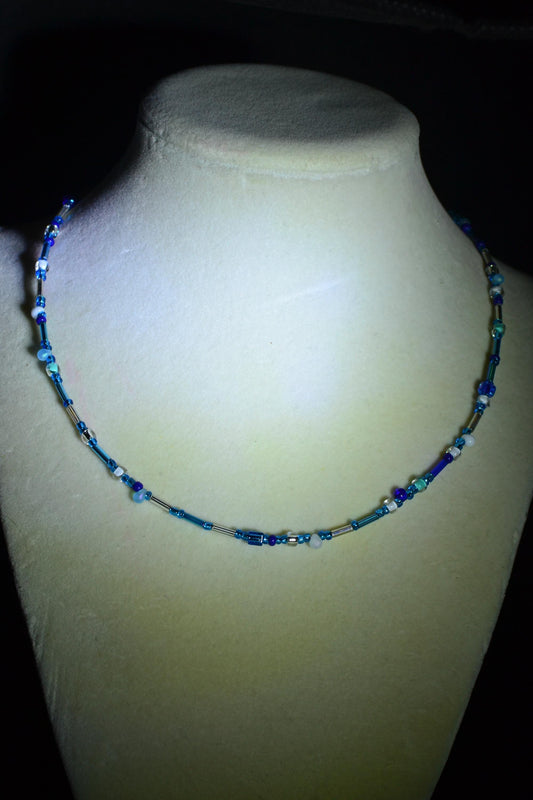 Multicolor glass bead necklace. Ocean blue