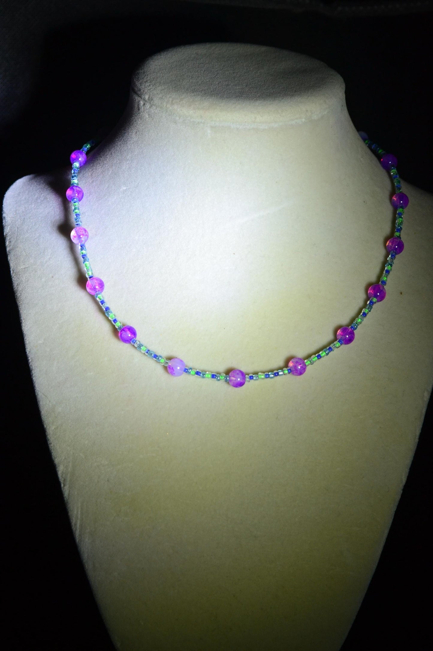 Multicolor glass bead necklace. Pink, blue, and green