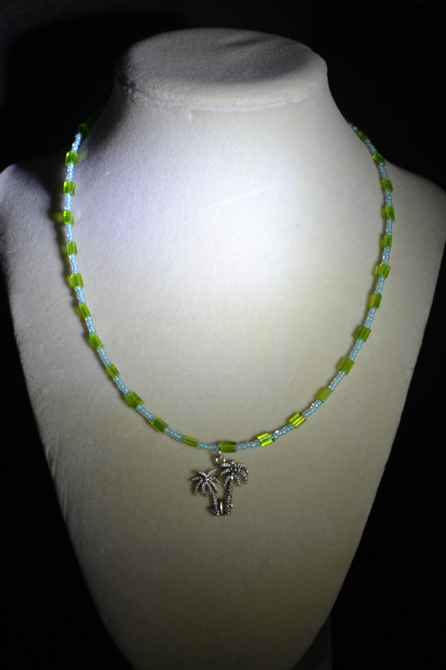 Palm trees pendant glass bead necklace. Blue and green
