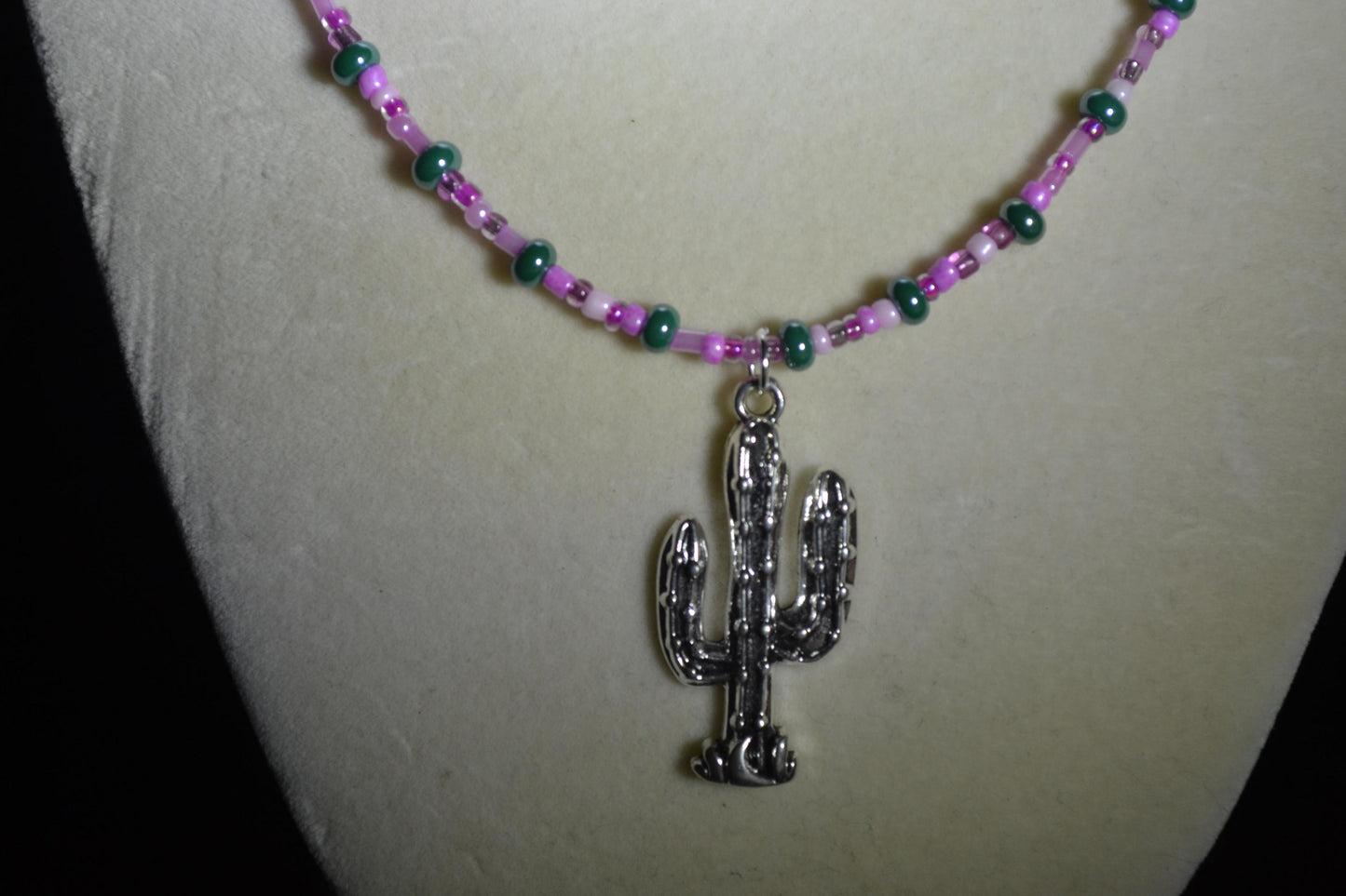 Cactus pendant glass bead necklace. Pinks and turquoise