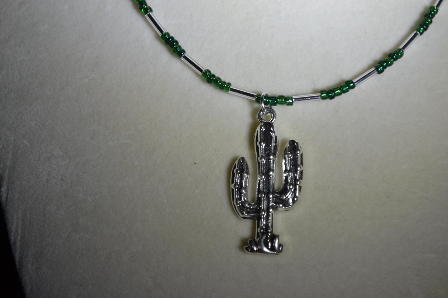 Cactus pendant glass bead necklace. Green and silver